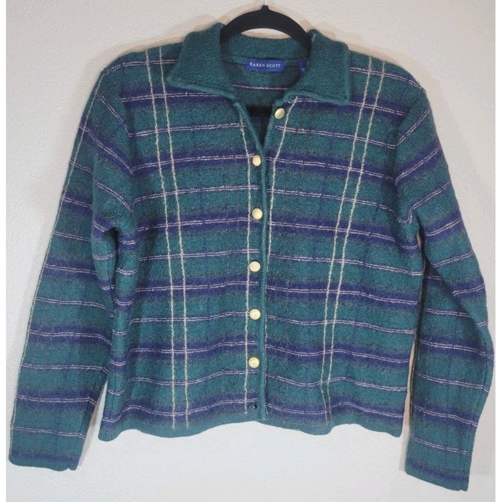 Vintage Karen Scott Wool Plaid Cardigan Jacket Womens L Green Blue Gold Buttons
